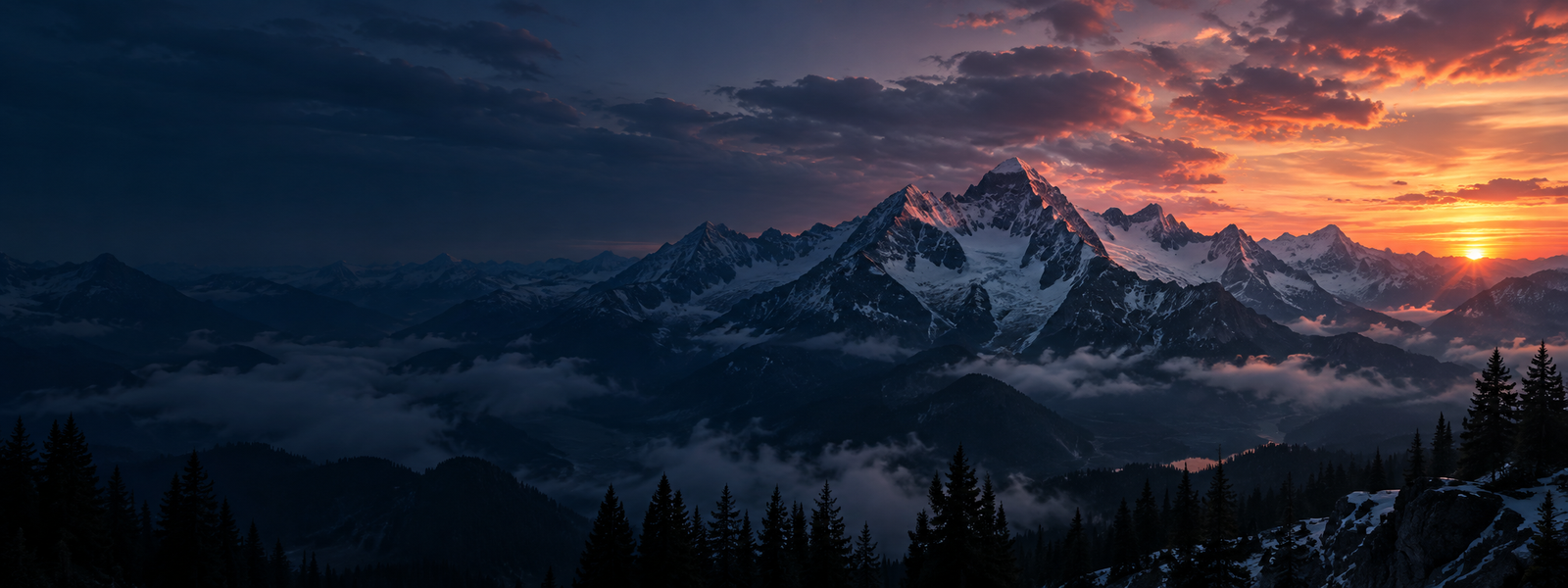 Snow-covered mountains at sunrise